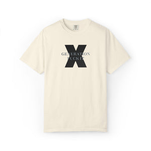 Beige t-shirt with embroidered Gen X  text on a white background