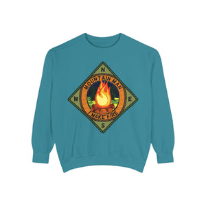 White sweatshirt with 'Mountain Man Men's Funny Camping' design on a plain background