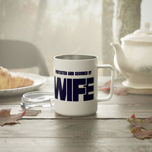 mug with 'Wife Security Funny Husband Insulated Travel 10oz' graphic on a white background