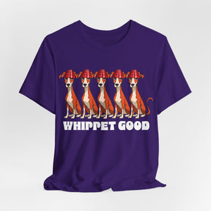 Team purple t-shirt with 'Whippet Good Devo 80's Music Funny' design on a white background