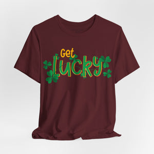 Military green t-shirt with 'Get Lucky Funny St. Patrick's Party' design on a white background