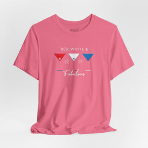 Gold t-shirt with 'Red White and Fabulous Patriotic Martini July 4th' design on a white background