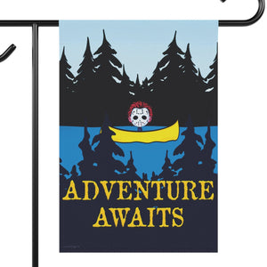 Garden flag with 'Adventure Awaits Funny Halloween' design