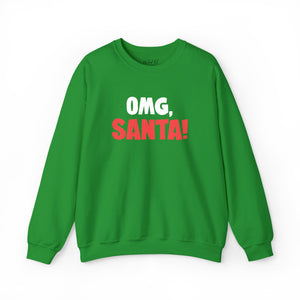 Green sweatshirt with red and white embroidered text 'Omg, Santa!'