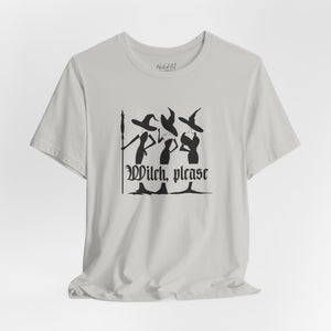 grey t-shirt with witch graphic and 'Witch Please' text on a white background