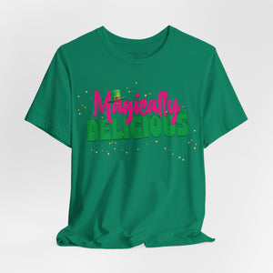 White t-shirt with 'Magically Delicious Funny St. Patrick's Day' design on a white background