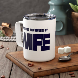 mug with 'Wife Security Funny Husband Insulated Travel 10oz' graphic on a white background
