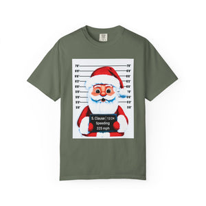 Green t-shirt with a graphic of Santa Claus in a mugshot style design on a white background
