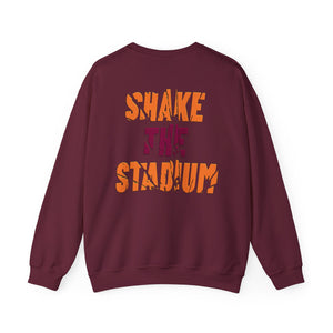 A maroon crewneck sweatshirt shown from the back, featuring the text 'SHAKE THE STADIUM' printed in orange and dark purple.