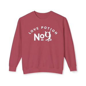Neon violet sweatshirt with 'Love Potion No 9 Halloween' design on a plain background