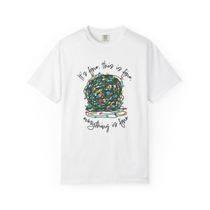 white t-shirt with a graphic of a tangled ball of lights with text It's fine, this is fine, everything is fine.