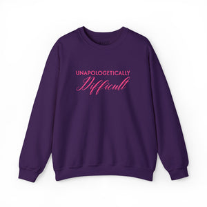purple sweatshirt with embroidered pink text 'unapologetically difficult'