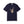 A navy t-shirt with skeleton hand making 'rock on' gesture on a white background