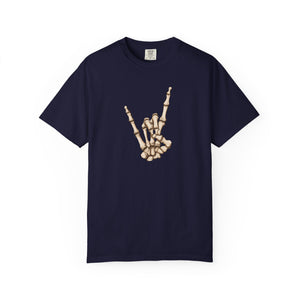 A navy t-shirt with skeleton hand making 'rock on' gesture on a white background