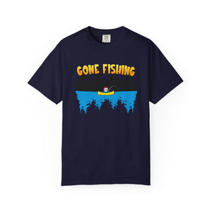 Navy blue t-shirt with 'Gone Fishing' graphic on a white background
