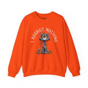 Orange sweatshirt with a graphic of a cat tangled in Christmas lights and text the says 'I Regret Nothing'.