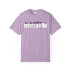 Black t-shirt with 'Sponge Worthy 90s Seinfeld Grunge' design on a white background