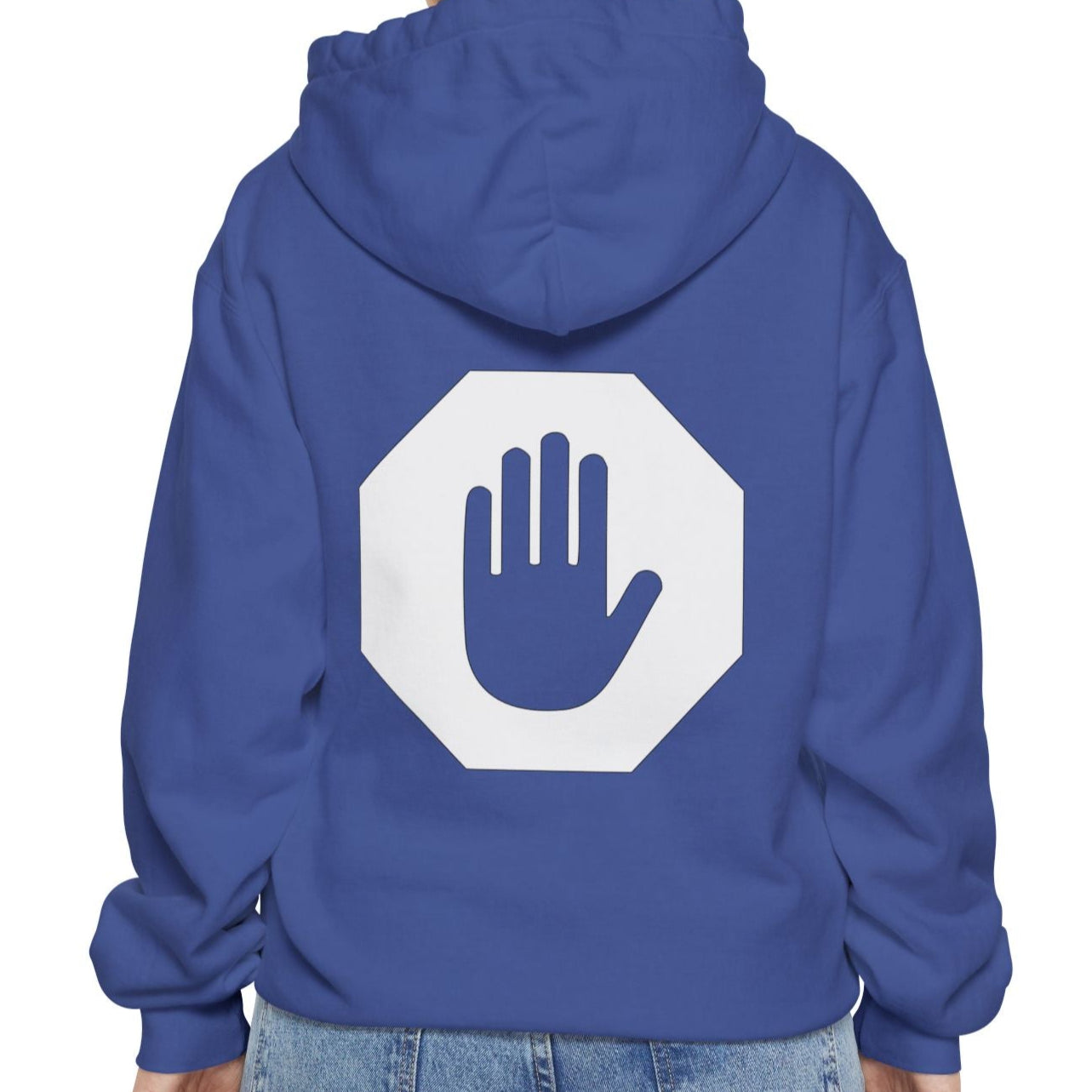 Person wearing a blue hoodie with a white hand symbol on the back against a white background