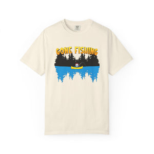 Beige t-shirt with 'Gone Fishing' graphic design on a white background