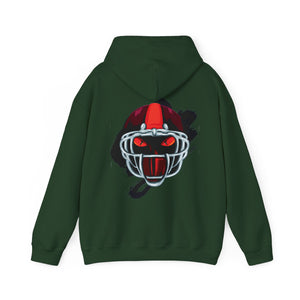 Orange hoodie with 'Va Tech Football Sandman' design on a plain background