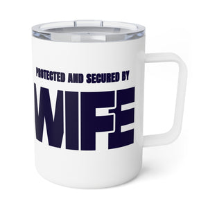 mug with 'Wife Security Funny Husband Insulated Travel 10oz' graphic on a white background