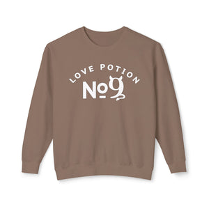 Blue sweatshirt with 'Love Potion No 9 Halloween' design on a plain background