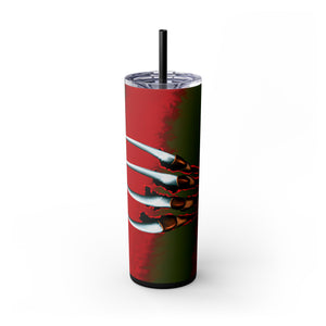 Glossy mug with 'Nightmare on Elm Freddy Krueger Skinny Tumbler 20oz' graphic on a white background
