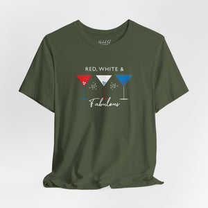 Dark gray t-shirt with 'Red White and Fabulous Patriotic Martini July 4th' design on a white background