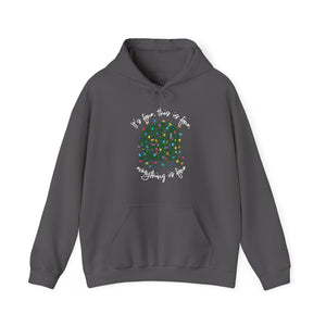 Grey sweatshirt hoodie with a graphic of a ball of tangled Christmas lights and text that says 'It's fine, this is fine, everything is fine'.