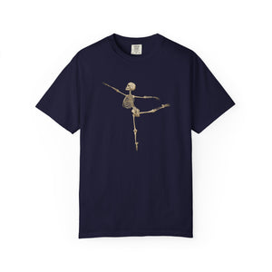 Navy blue t-shirt with a ballerina skeleton design on a white background