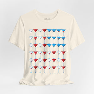 Navy blue t-shirt with 'Martini American Patriotic July 4th' design on a white background