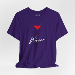 Team purple t-shirt with 'American Woman Patriotic Martini July 4th' design on a white background