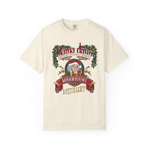 Beige t-shirt with Santa Claus graphic and 'Moonshine Distillery' text on a white background