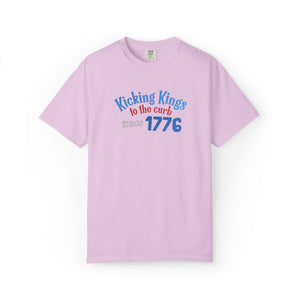 Light purple t-shirt with colorful text on a white background