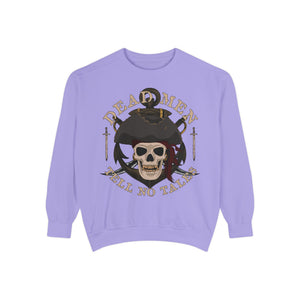 Topaz blue sweatshirt with 'Dead Men Tell No Tales Pirate Skull' design on a plain background