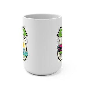A white ceramic mug with colorful printed graphics on the sides, shown against a plain white background.