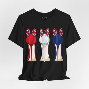 Orange t-shirt with 'Patriotic Fashion July 4th' design on a white background