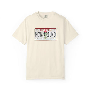 Beige t-shirt with a humorous holiday license plate design on a white background