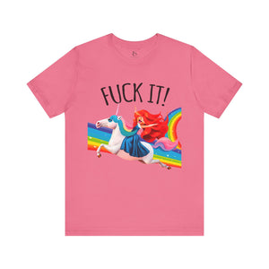 Natural t-shirt with 'Rainbows & Unicorns Funny' design on a white background