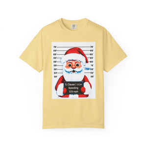 Yellow t-shirt with a graphic of Santa Claus in a mugshot design on a white background