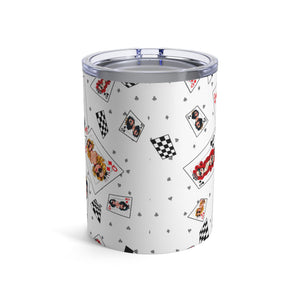 mug with 'Deck of Cards Queens Insulated Travel 10oz' graphic on a white background