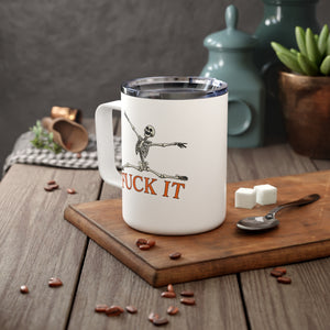 mug with 'Fuck It Skeleton Funny Halloween Insulated Travel 10oz' graphic on a white background