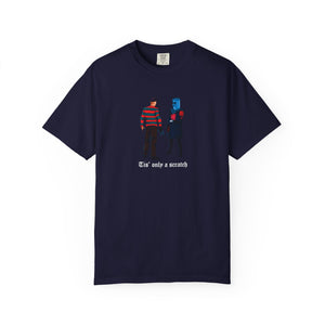Navy blue t-shirt with graphic design and text on a white background