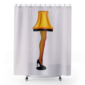 Shower curtain with a design of a lamp with legs on a gray background