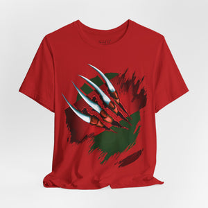 Navy blue t-shirt with 'Nightmare on Elm Freddy Halloween' design on a white background