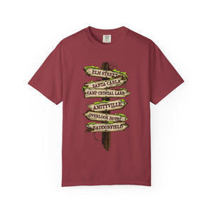 Teal blue t-shirt with 'Horror Road Sign Halloween' design on a white background