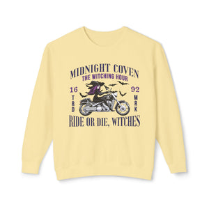 Peachy sweatshirt with 'Ride or Die Witches Halloween' design on a plain background