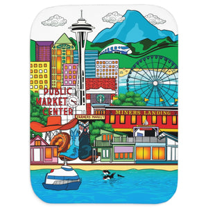 soft sherpa blanket with 'Whimsical Seattle' design