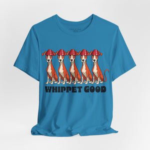 Dark gray t-shirt with 'Whippet Good Devo 80's Music Funny' design on a white background