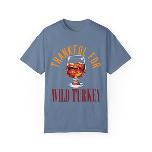 Blue t-shirt with 'Wild Turkey Funny Holiday' design on a white background